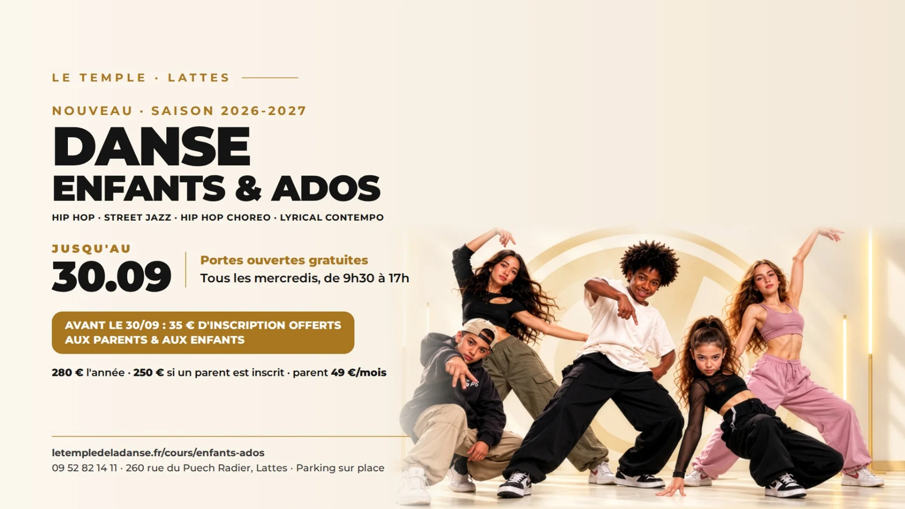 Cours de danse enfants et ados au Temple, à Lattes : hip hop, street jazz, hip hop choreo et lyrical contempo — portes ouvertes gratuites et 35 € d'inscription offerts jusqu'au 30 septembre