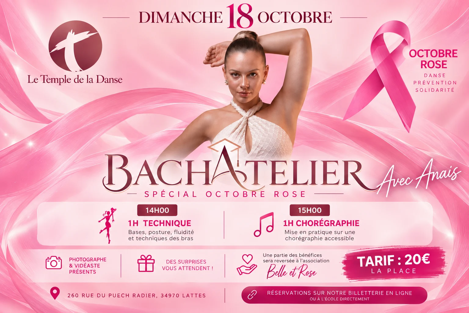 BachAtelier spécial Octobre Rose avec Anaïs, dimanche 18 octobre au Temple de la Danse : 14h technique, 15h chorégraphie — une partie des bénéfices reversée à l'association Belle et Rose — 20 € la place