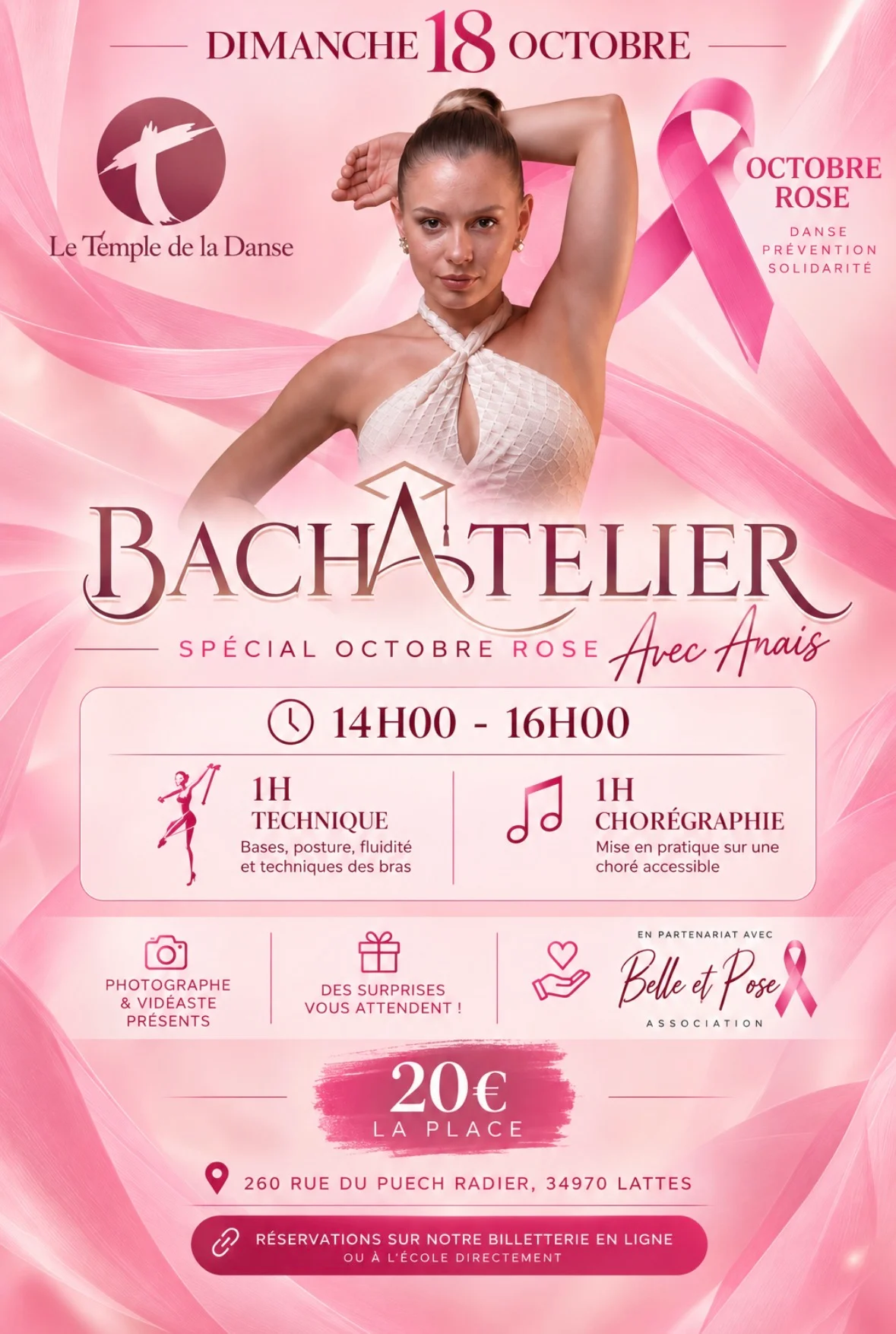 Affiche BachAtelier spécial Octobre Rose avec Anaïs, dimanche 18 octobre 2026 de 14h à 16h : 1h de technique, 1h de chorégraphie, en partenariat avec l'association Belle et Rose — 20 € la place