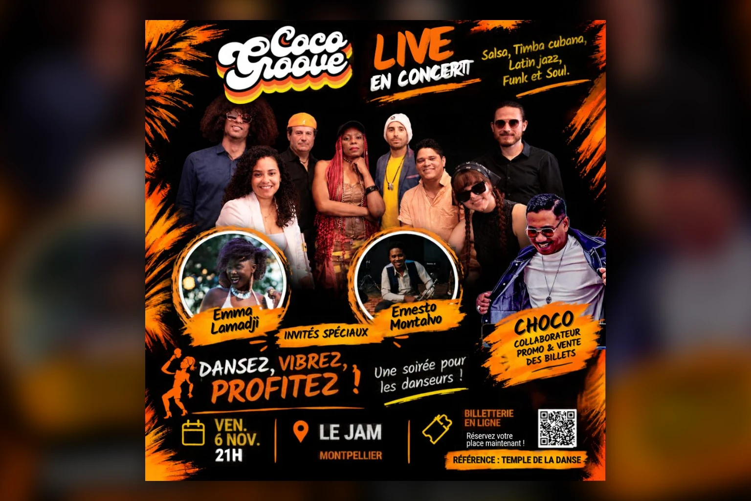 Concert Coco Groove au Jam à Montpellier, vendredi 6 novembre 2026 à 21h — salsa, timba cubana, latin jazz, funk et soul, avec Emma Lamadji et Ernesto Montalvo en invités spéciaux
