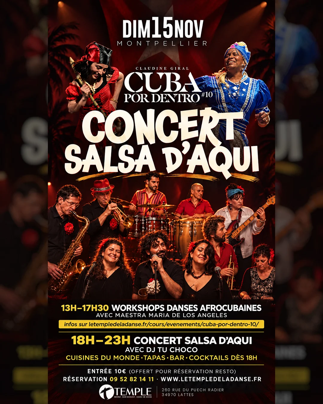 Affiche du Concert Salsa d'Aqui, Cuba Por Dentro #10, dimanche 15 novembre : workshops de danses afro-cubaines de 13h à 17h30, concert de 18h à 23h avec DJ Tu Choco, entrée 10 € offerte pour une réservation au restaurant