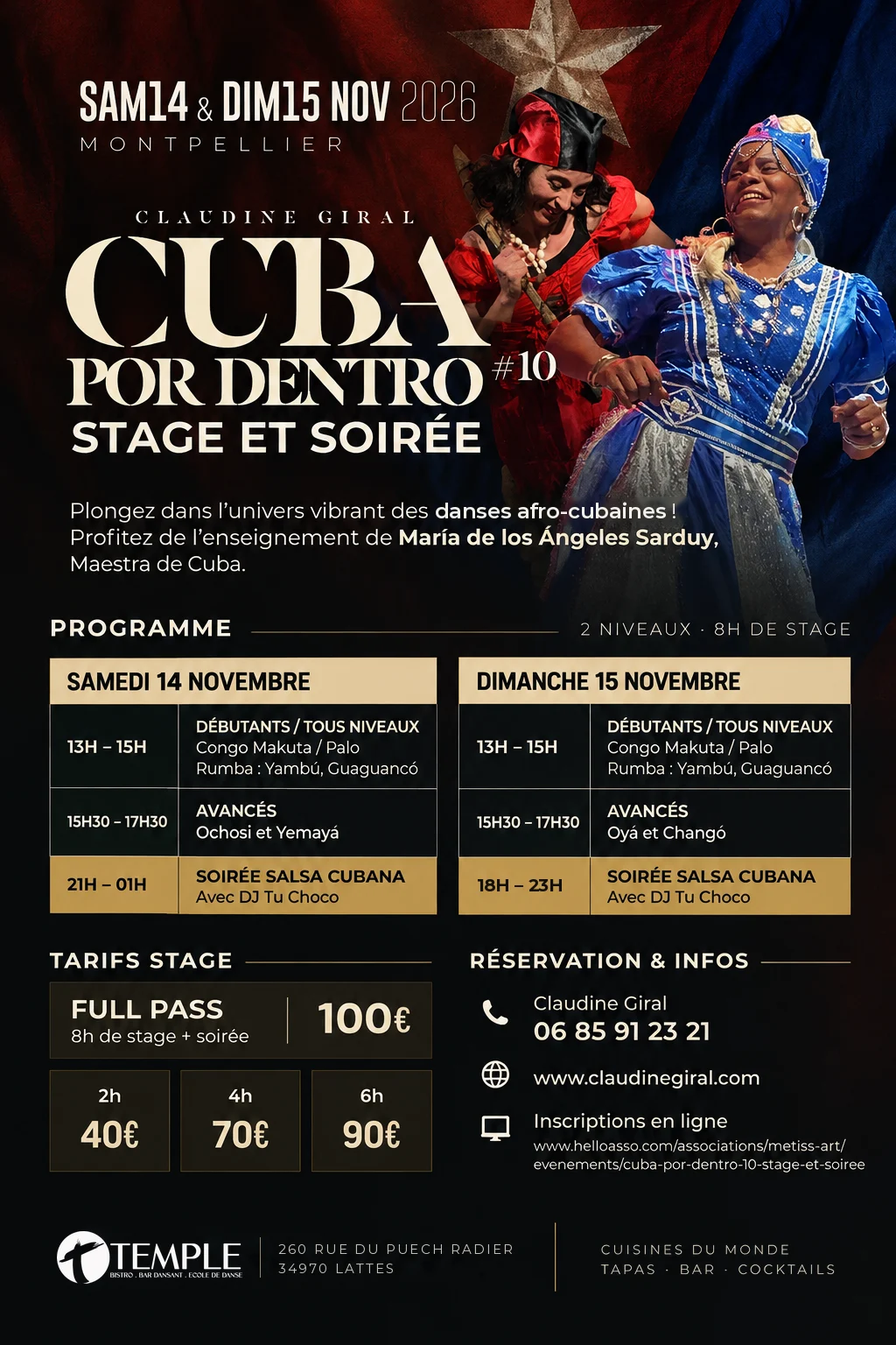 Affiche Cuba Por Dentro #10, stage et soirée les 14 et 15 novembre 2026 : programme des ateliers avec María de los Ángeles Sarduy, soirées Salsa Cubana avec DJ Tu Choco, tarifs du stage de 40 € à 100 €