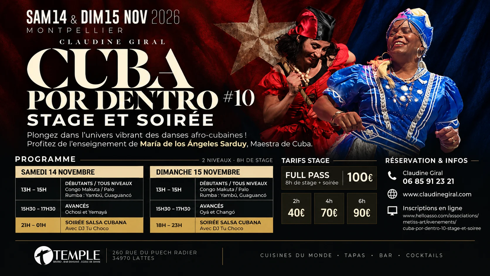 Cuba Por Dentro #10, Claudine Giral : stage et soirée de danses afro-cubaines avec María de los Ángeles Sarduy, samedi 14 et dimanche 15 novembre 2026 au Temple de la Danse