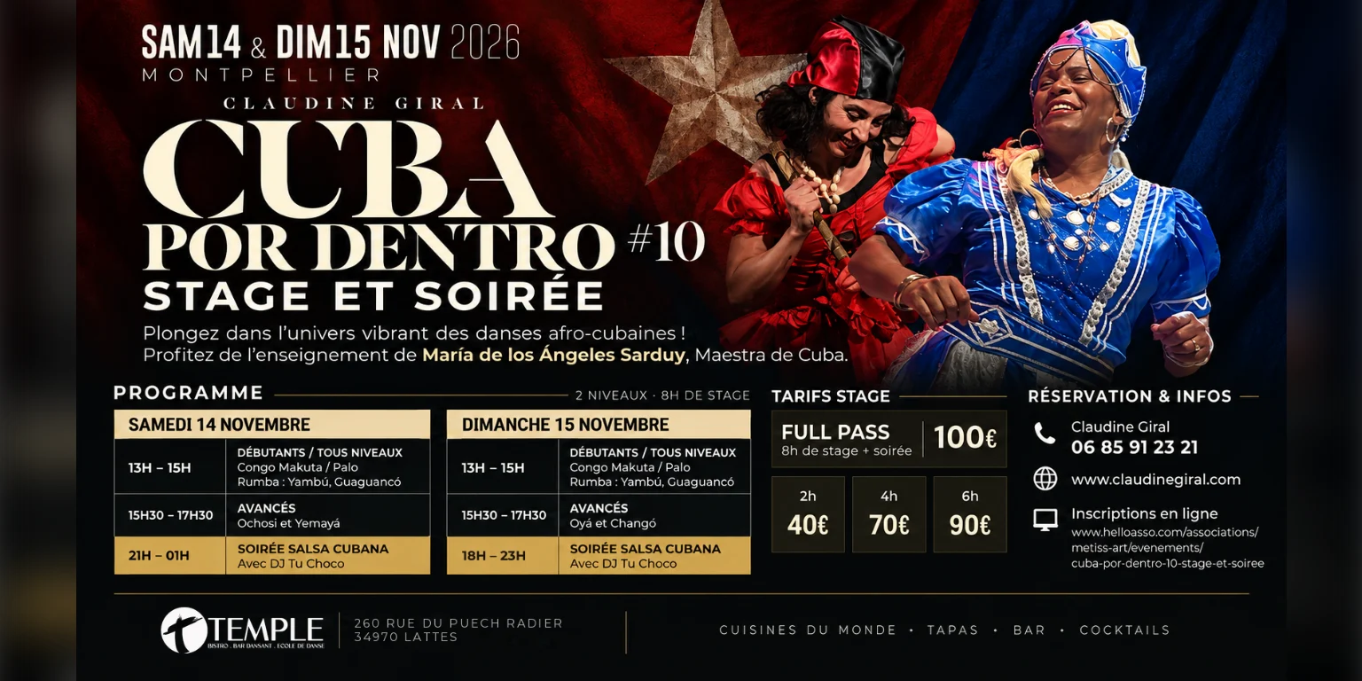 Cuba Por Dentro #10, stage et soirées afro-cubaines les 14 et 15 novembre 2026 au Temple de la Danse