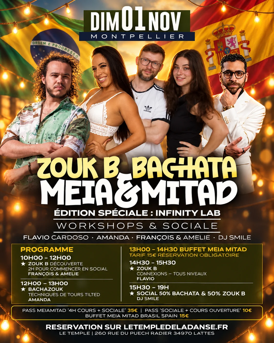 Affiche Meia & Mitad, édition spéciale Infinity Lab, dimanche 1er novembre : programme des workshops Zouk B et Bachata, buffet Meia Mitad et sociale 50 % bachata 50 % zouk B avec DJ Smile