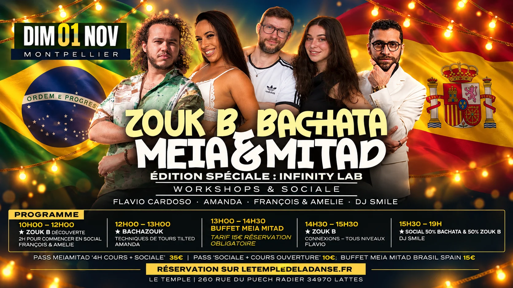 Meia & Mitad, Zouk B & Bachata, dimanche 1er novembre au Temple : workshops avec Flavio Cardoso, Amanda, François & Amélie, buffet Brésil-Espagne et sociale avec DJ Smile