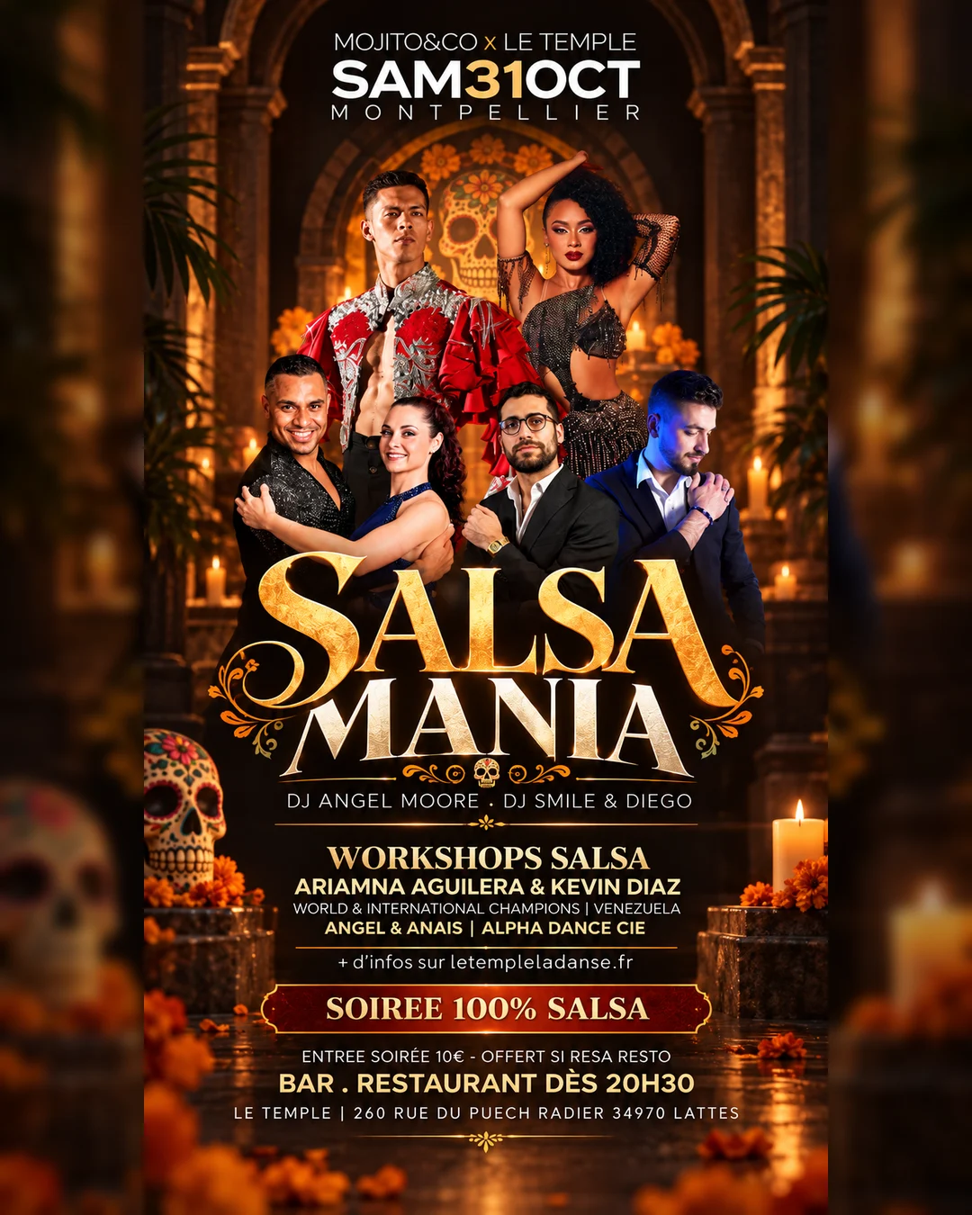 Affiche Salsa Mania, Mojitos&Co x Le Temple, samedi 31 octobre : workshops salsa et soirée 100 % salsa, entrée soirée 10 € offerte avec une réservation au restaurant