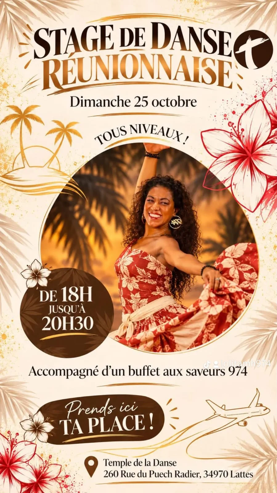 Affiche du Stage de Danse Réunionnaise, tous niveaux, dimanche 25 octobre de 18h jusqu'à 20h30 au Temple de la Danse, 260 rue du Puech Radier à Lattes, accompagné d'un buffet aux saveurs 974