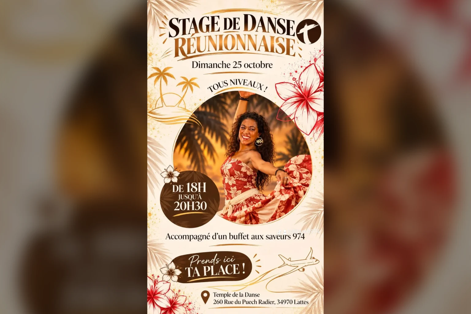 Stage de Danse Réunionnaise tous niveaux, dimanche 25 octobre de 18h à 20h30 au Temple de la Danse à Lattes, accompagné d'un buffet aux saveurs 974