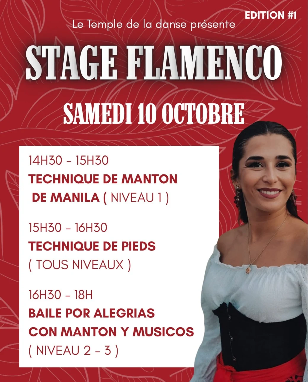 Affiche du Stage Flamenco : 14h30-15h30 technique de mantón de Manila (niveau 1), 15h30-16h30 technique de pieds (tous niveaux), 16h30-18h baile por alegrías con mantón y músicos (niveaux 2-3)