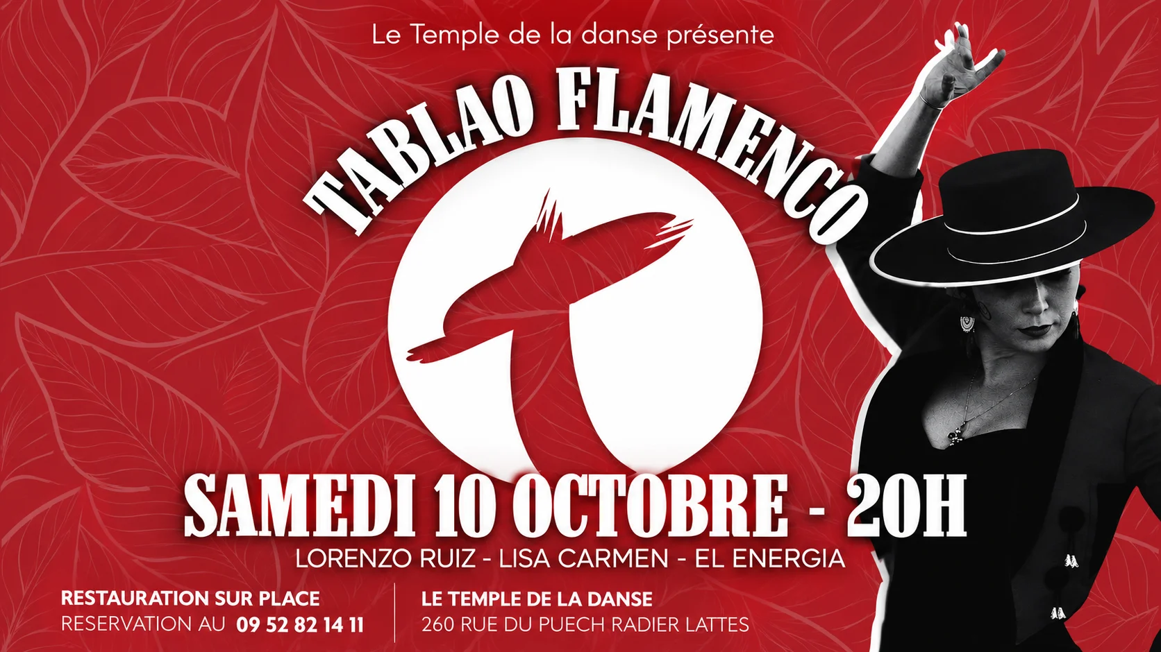 Tablao Flamenco au Temple de la Danse, samedi 10 octobre à 20h, avec Lorenzo Ruiz, Lisa Carmen et El Energia — restauration sur place